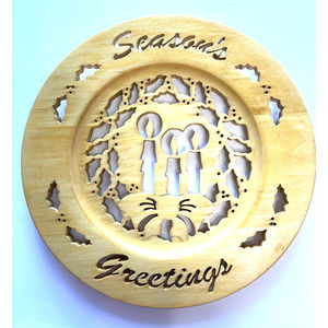 Hand Carved Wood Wall Plaque Seasons Greetings 12” Holiday Christmas Hanging